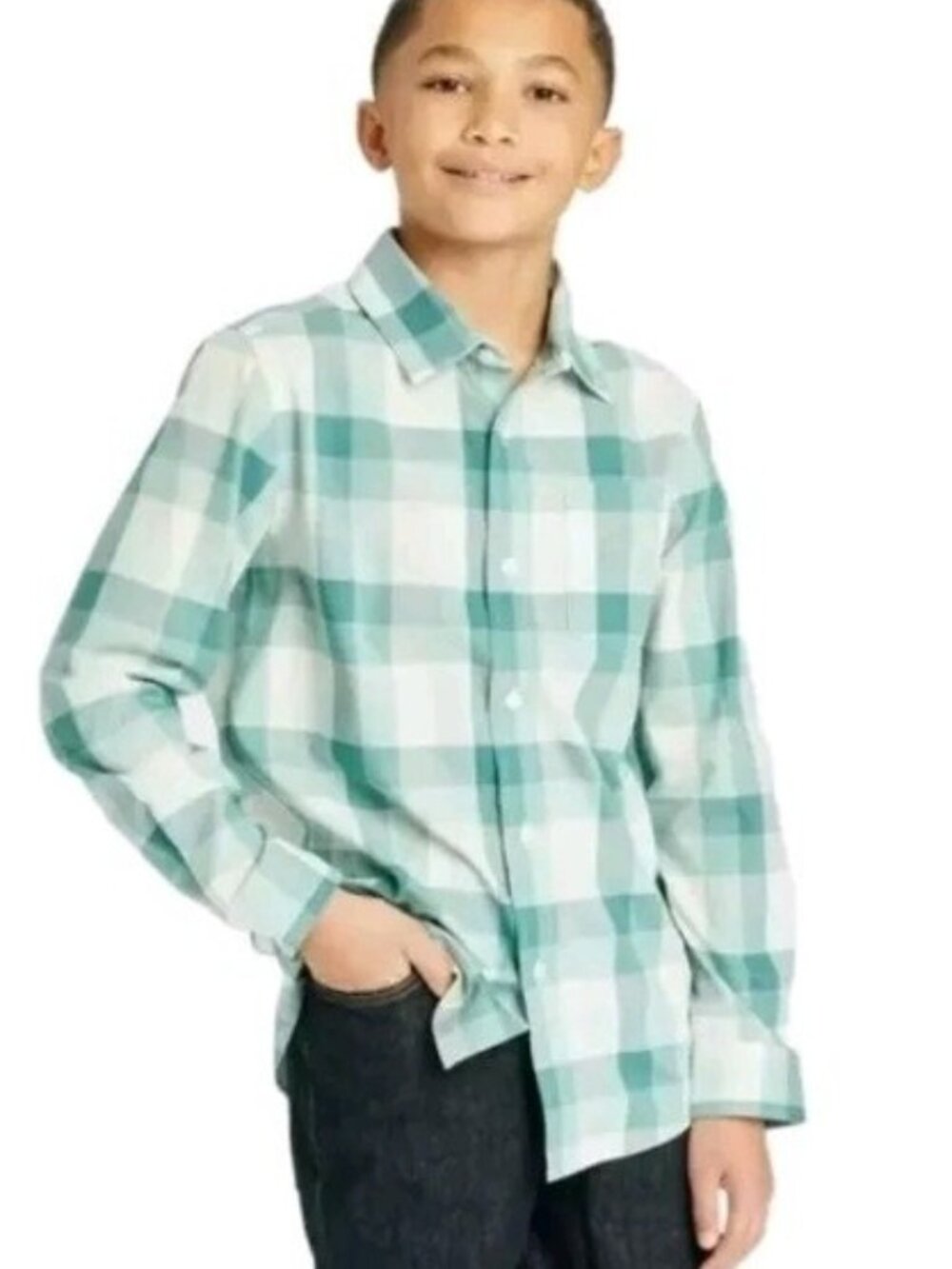 Cat & Jack Plaid Button Up Shirt Boys Size 8 Medium Green Long Sleeve New